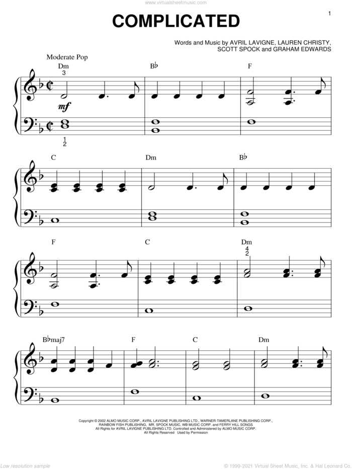 Complicated sheet music for piano solo (big note book) by Avril Lavigne, Graham Edwards, Lauren Christy and Scott Spock, easy piano (big note book)