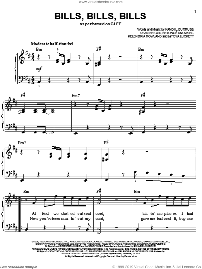 Bills, Bills, Bills sheet music for piano solo by Glee Cast, Miscellaneous, Beyonce, Kandi L. Burruss, Kelendria Rowland, Kevin Briggs and LeToya Luckett, easy skill level