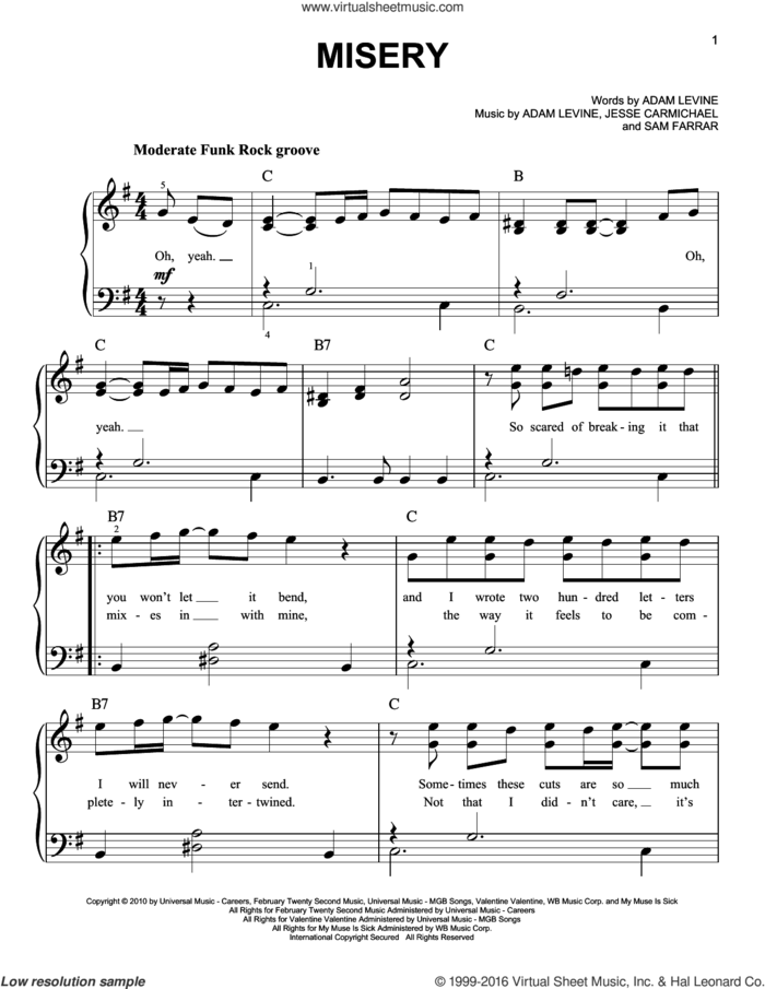 Misery sheet music for piano solo by Glee Cast, Maroon 5, Miscellaneous, Adam Levine, Jesse Carmichael and Sam Farrar, easy skill level