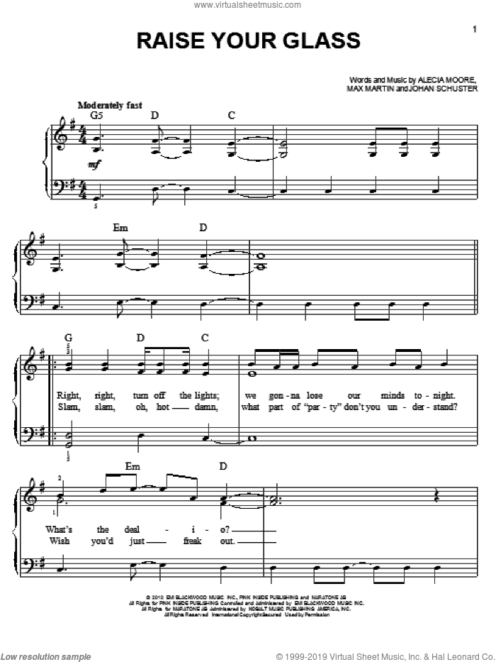 Raise Your Glass sheet music for piano solo by Glee Cast, Miscellaneous, Alecia Moore, Johan Schuster and Max Martin, easy skill level