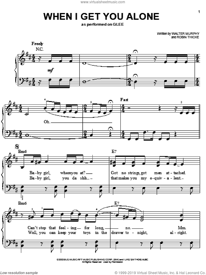 When I Get You Alone sheet music for piano solo by Glee Cast, Miscellaneous, Robin Thicke and Walter Murphy, easy skill level