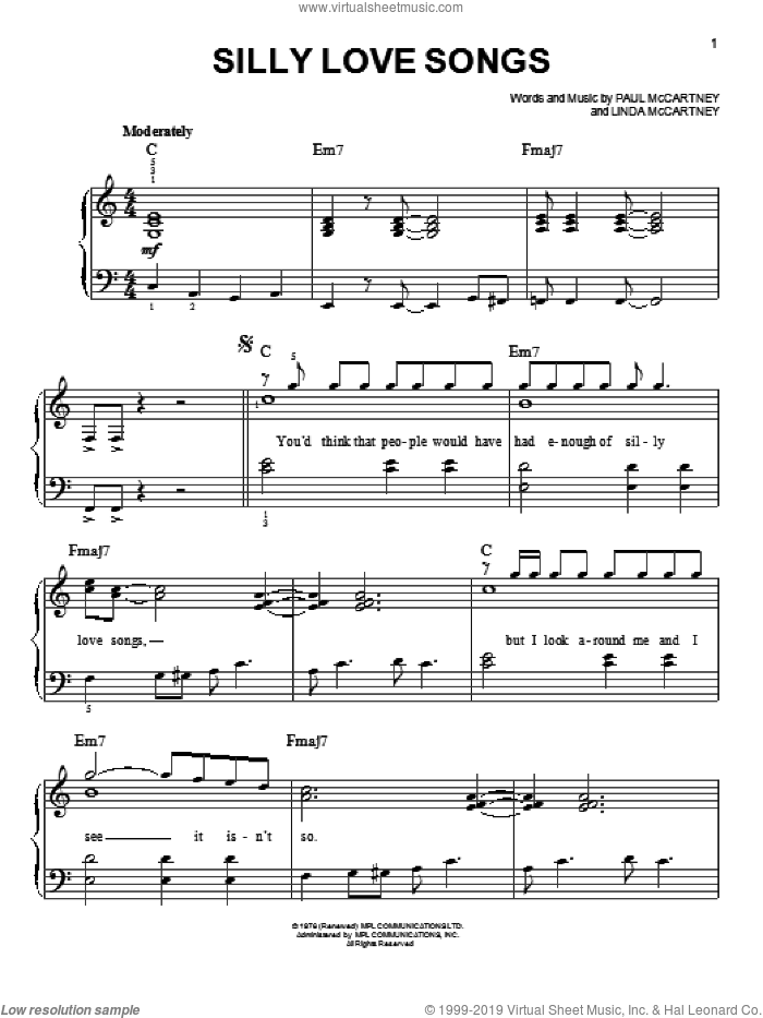 Silly Love Songs sheet music for piano solo by Glee Cast, Miscellaneous and Paul McCartney and Wings, Linda McCartney and Paul McCartney, easy skill level