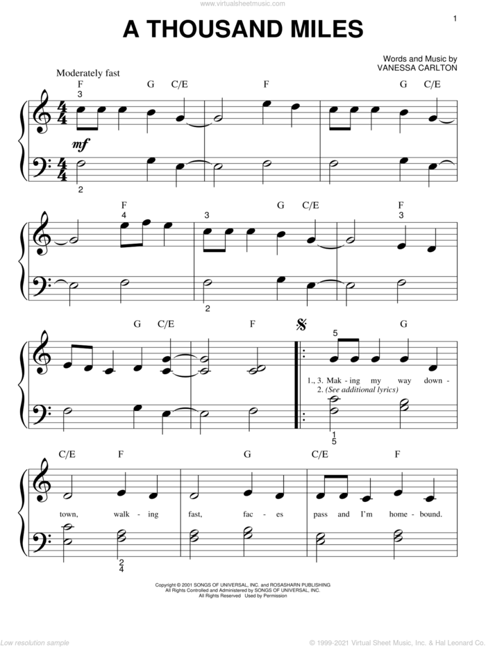 A Thousand Miles sheet music for piano solo (big note book) by Vanessa Carlton, easy piano (big note book)