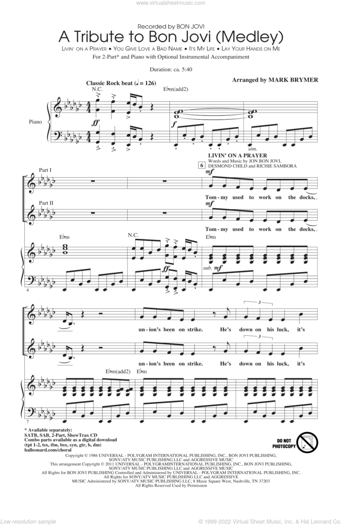 A Tribute To Bon Jovi (Medley) sheet music for choir (2-Part) by Bon Jovi, Desmond Child, Richie Sambora and Mark Brymer, intermediate duet