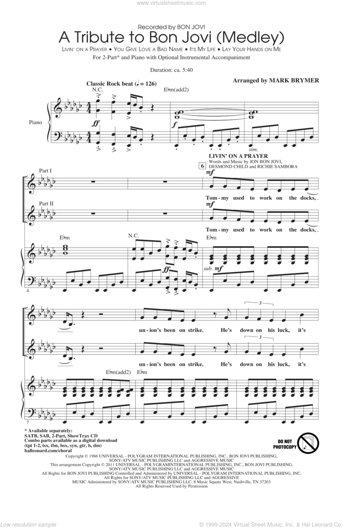 A Tribute To Bon Jovi (Medley) sheet music for choir (2-Part) by Bon Jovi, Desmond Child, Richie Sambora and Mark Brymer, intermediate duet