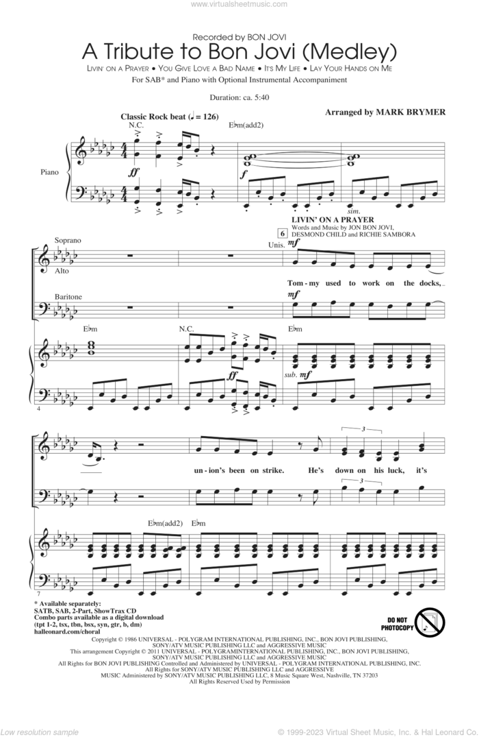 A Tribute To Bon Jovi (Medley) sheet music for choir (SAB: soprano, alto, bass) by Bon Jovi, Desmond Child, Richie Sambora and Mark Brymer, intermediate skill level