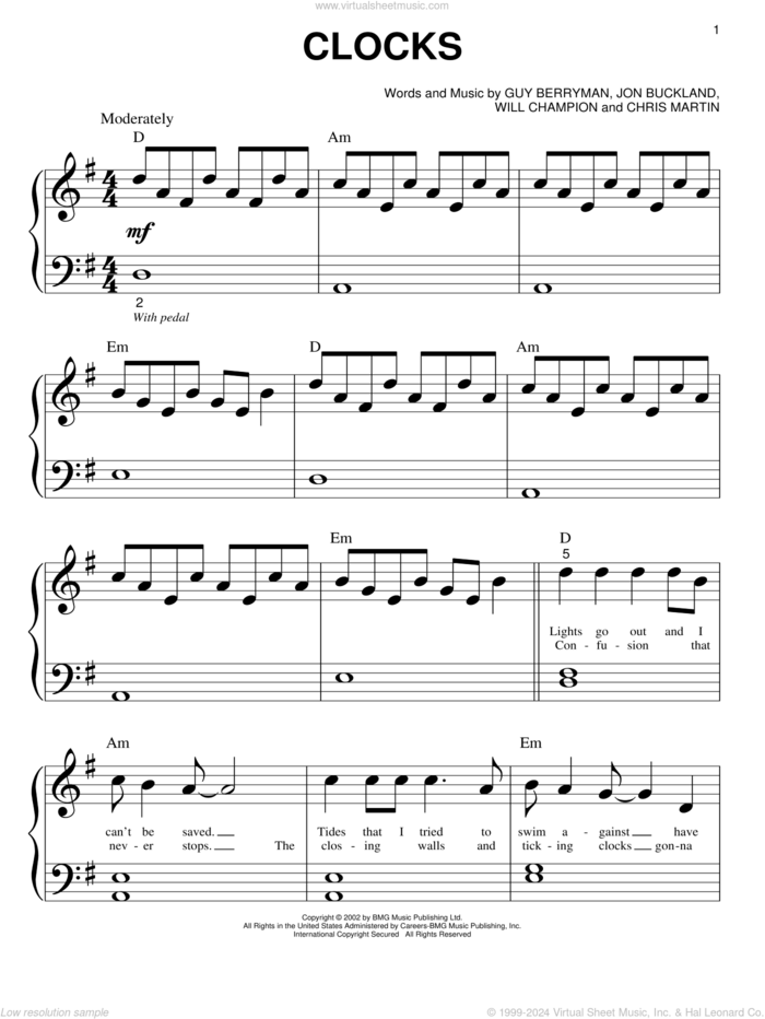 Clocks sheet music for piano solo (big note book) by Coldplay, Chris Martin, Guy Berryman, Jon Buckland and Will Champion, easy piano (big note book)