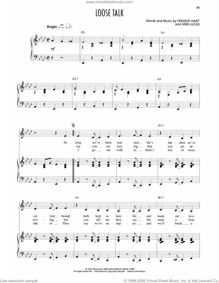 Loose Talk sheet music for voice and piano by Patsy Cline, Ann Lucas and Freddie Hart, intermediate skill level