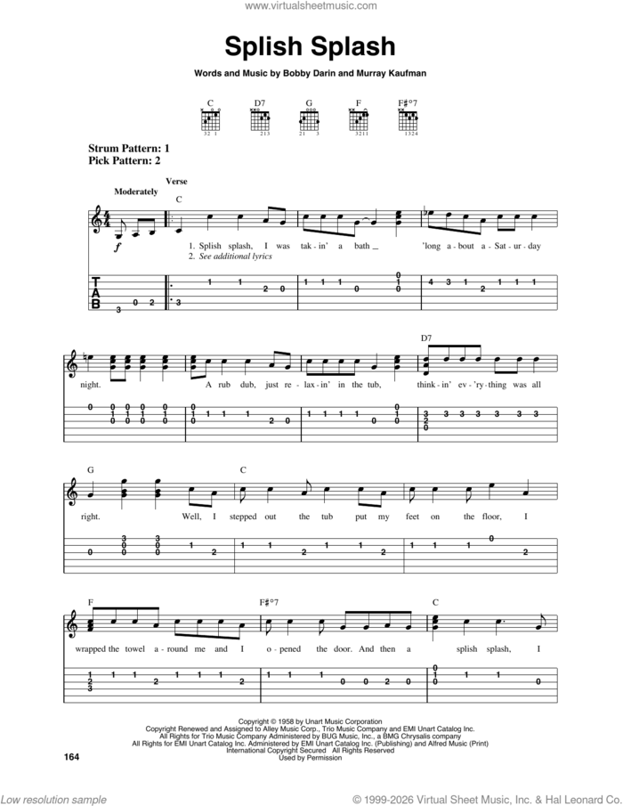 Splish Splash sheet music for guitar solo (easy tablature) by Bobby Darin and Murray Kaufman, easy guitar (easy tablature)
