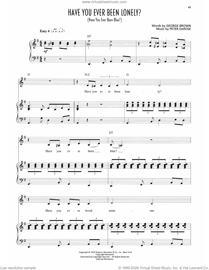 Have You Ever Been Lonely? (Have You Ever Been Blue?) sheet music for voice and piano by Patsy Cline, Peter DeRose and William J. Hill, intermediate skill level