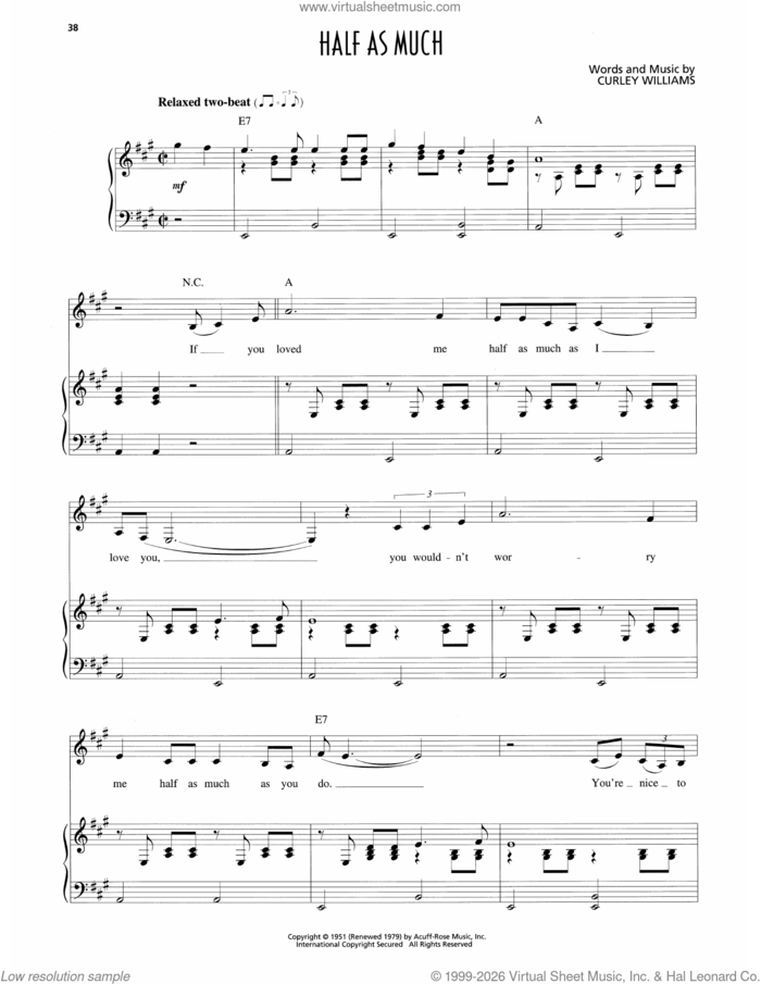 Half As Much sheet music for voice and piano by Patsy Cline and Curley Williams, intermediate skill level