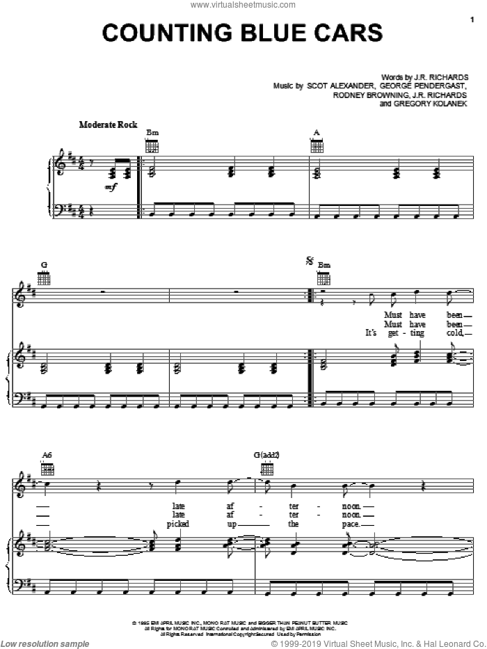 Counting Blue Cars sheet music for voice, piano or guitar by Dishwalla, George Pendergast, Gregory Kolanek and J.R. Richards, intermediate skill level