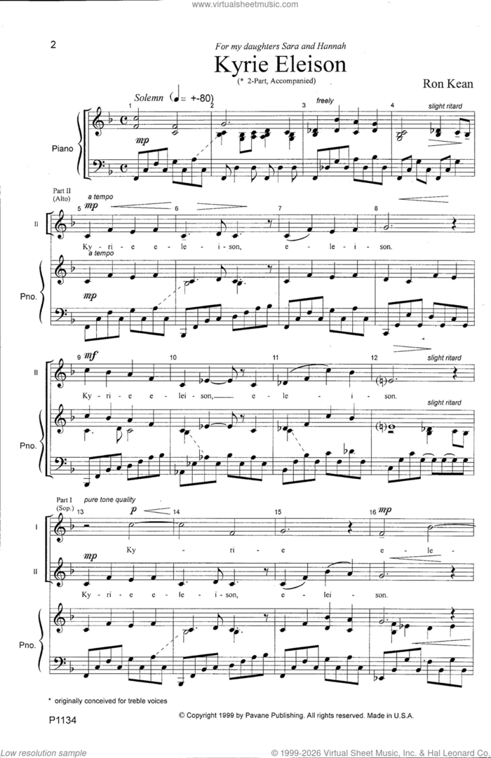 Kyrie Eleison sheet music for choir (2-Part) by Ron Kean, classical score, intermediate duet