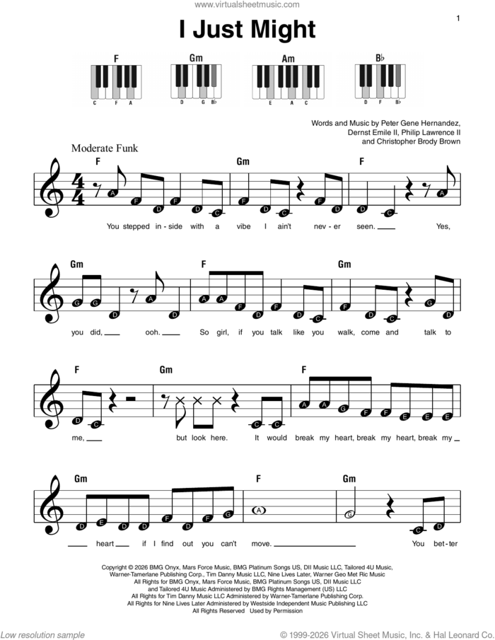 I Just Might sheet music for piano solo by Bruno Mars, Christopher Brody Brown, Dernst Emile II, Peter Gene Hernandez and Philip Lawrence II, beginner skill level