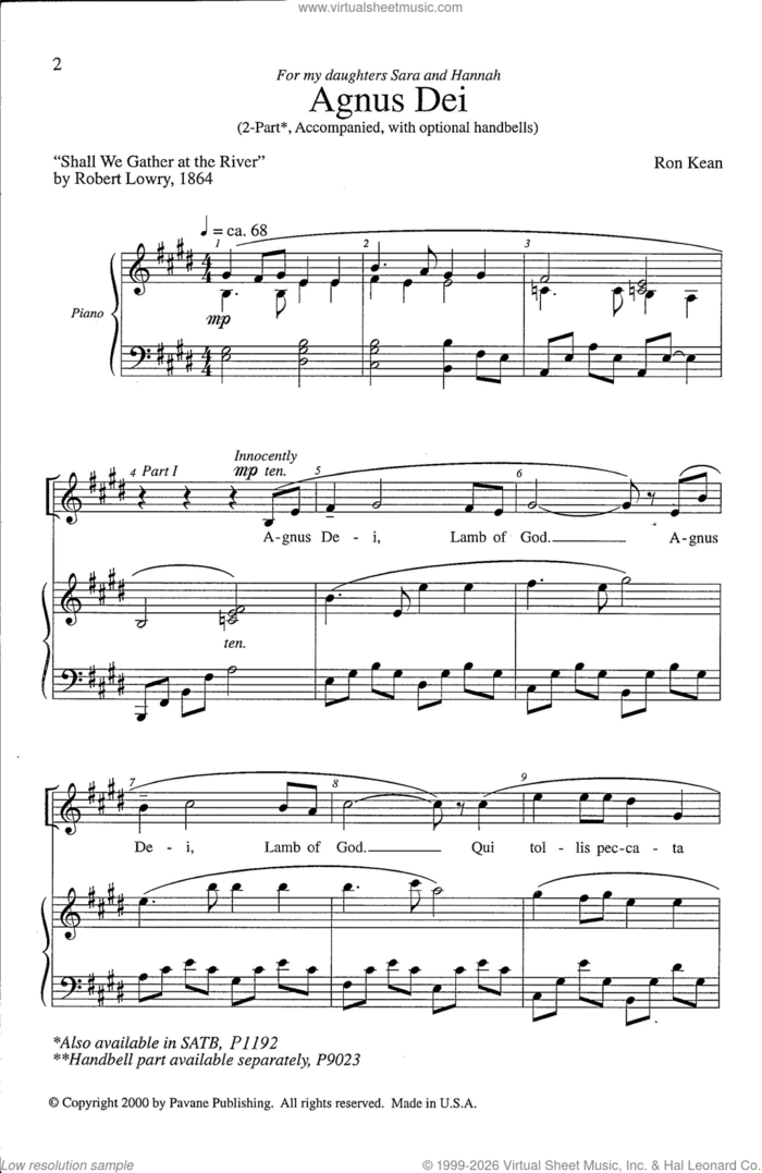 Agnus Dei sheet music for choir (2-Part) by Ron Kean, intermediate duet
