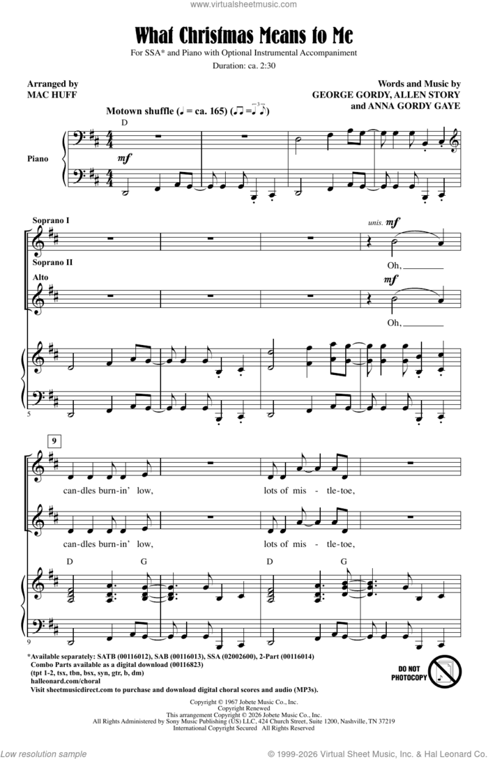 What Christmas Means To Me (arr. Mac Huff) sheet music for choir (SSA: soprano, alto) by George Gordy, Mac Huff, Allen Story and Anna Gordy Gaye, intermediate skill level