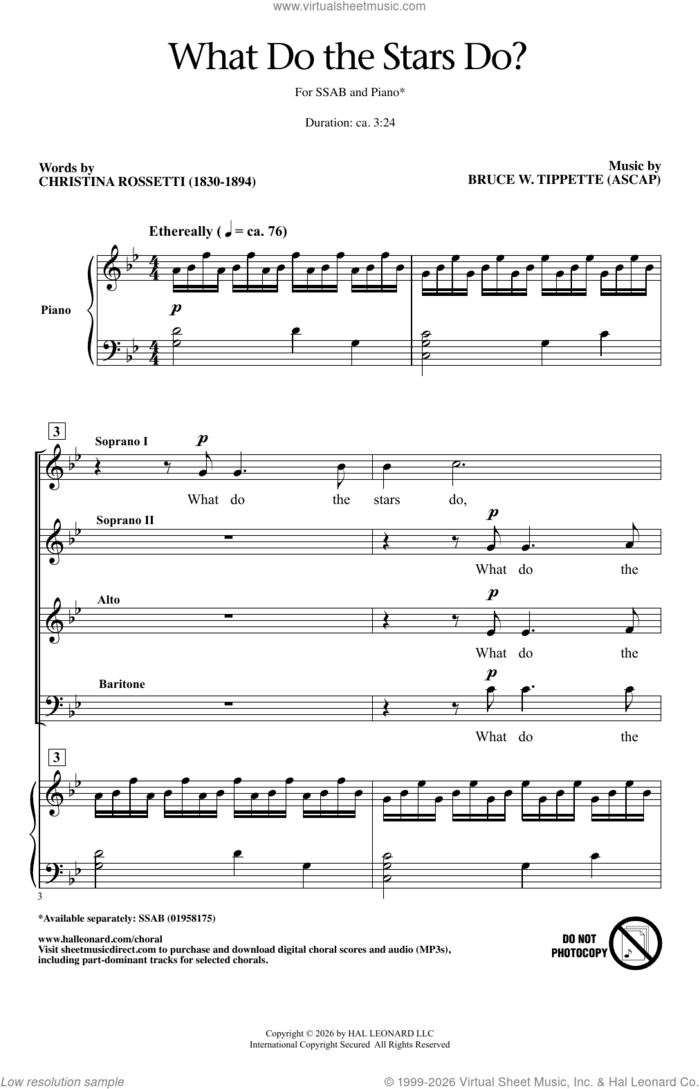 What Do The Stars Do? sheet music for choir (SSAB) by Bruce W. Tippette and Christina Rossetti, intermediate skill level
