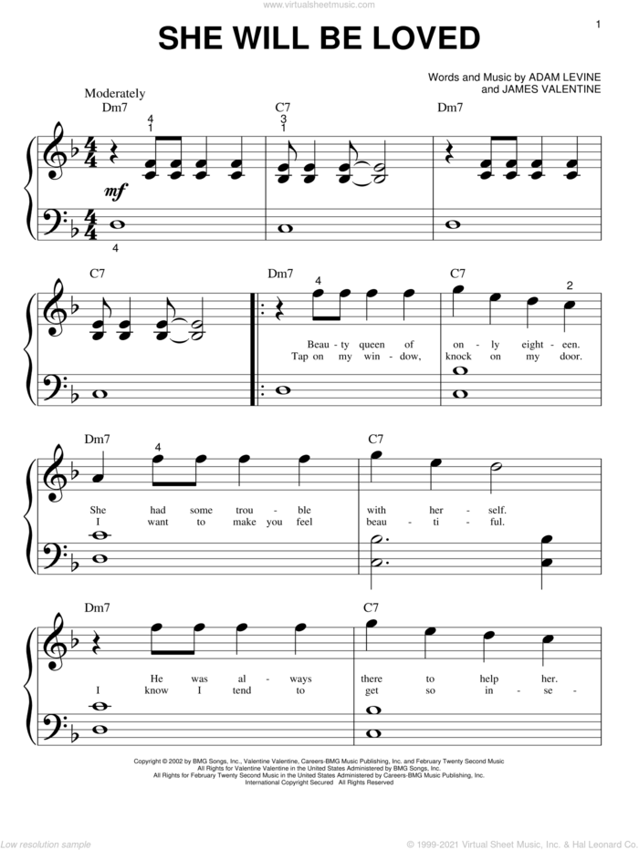 She Will Be Loved sheet music for piano solo (big note book) by Maroon 5, Adam Levine and James Valentine, easy piano (big note book)