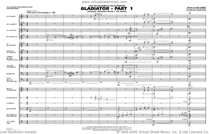 Gladiator Part 1 (arr. Rapp and Wasson) (COMPLETE) sheet music for marching band by Hans Zimmer, John Wasson and Will Rapp, intermediate skill level