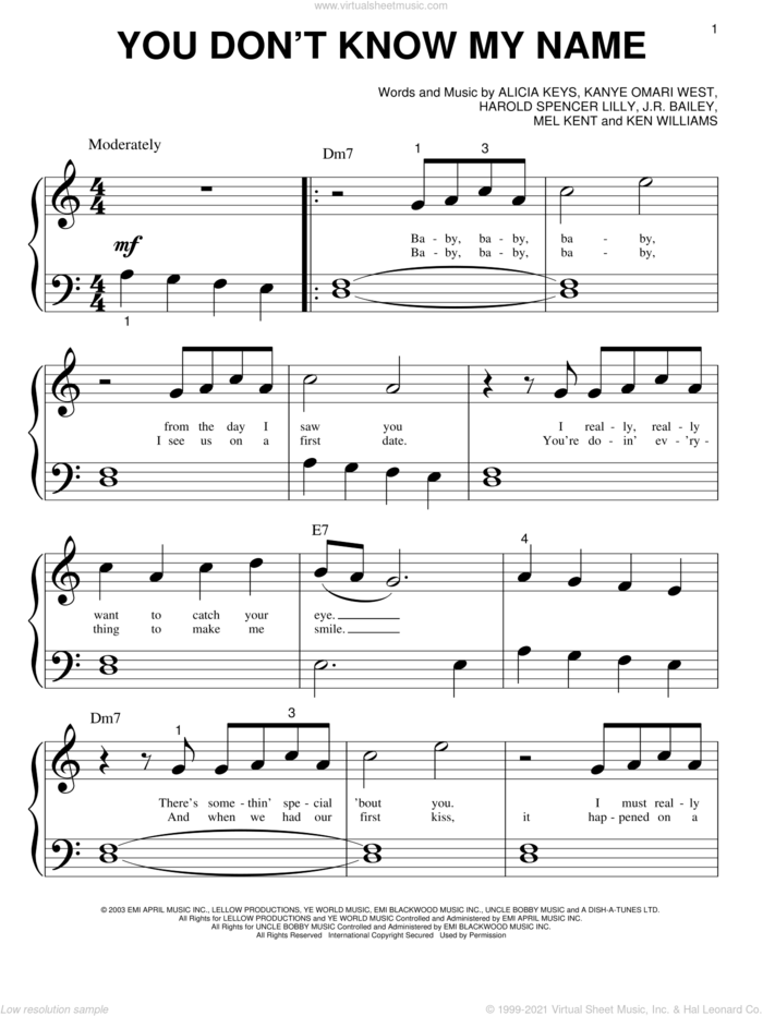You Don't Know My Name sheet music for piano solo (big note book) by Alicia Keys, Harold Spencer Lilly, J.R. Bailey, Kanye West, Ken Williams and Mel Kent, easy piano (big note book)