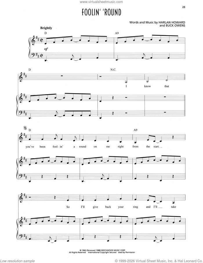 Foolin' 'Round sheet music for voice and piano by Patsy Cline, Buck Owens and Harlan Howard, intermediate skill level