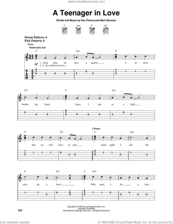 A Teenager In Love sheet music for guitar solo (easy tablature) by Dion & The Belmonts, Doc Pomus and Mort Shuman, easy guitar (easy tablature)