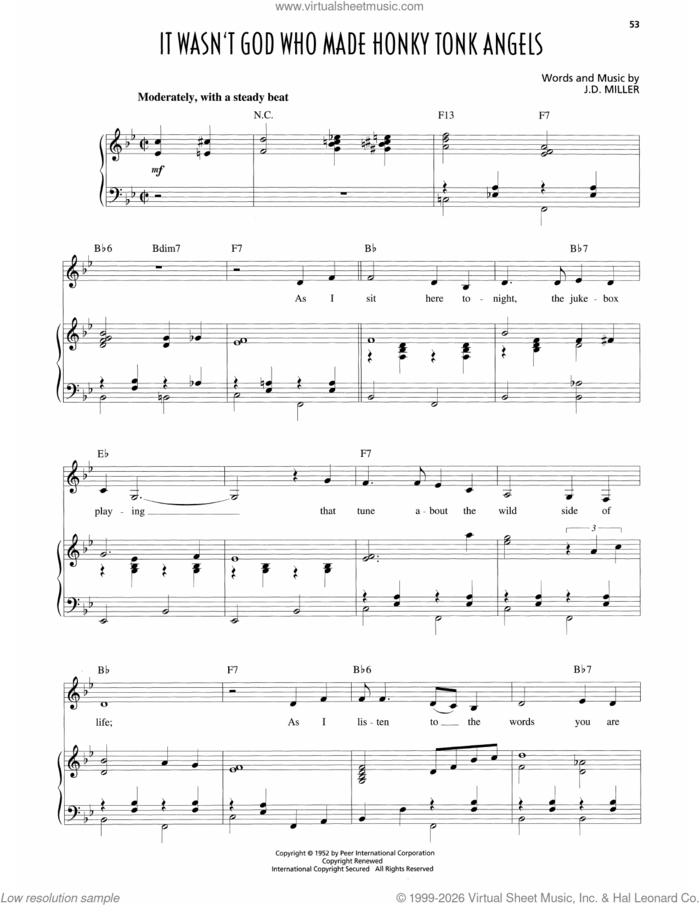 It Wasn't God Who Made Honky Tonk Angels sheet music for voice and piano by Patsy Cline and J.D. Miller, intermediate skill level