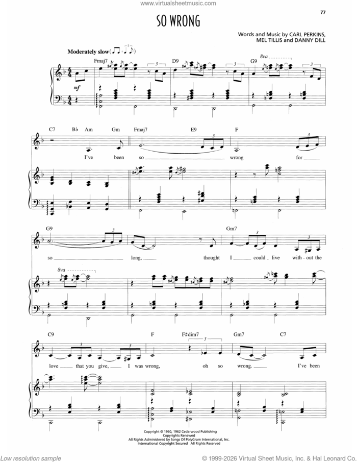 So Wrong sheet music for voice and piano by Patsy Cline, Carl Perkins, Danny Dill and Mel Tillis, intermediate skill level