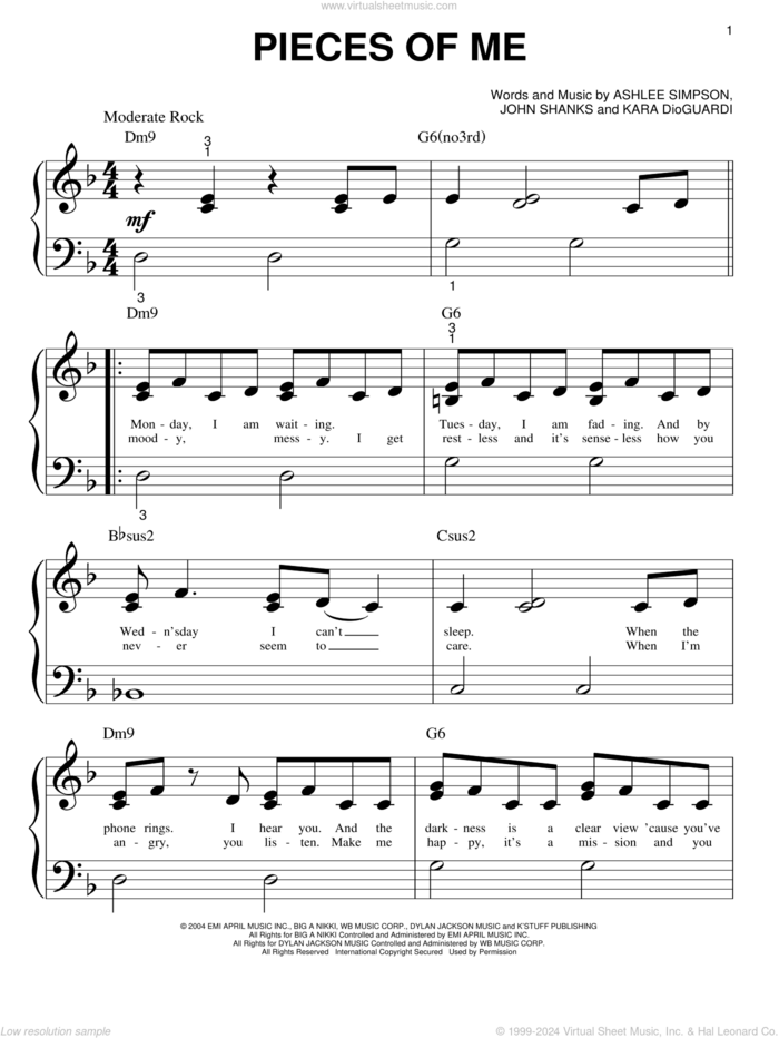 Pieces Of Me sheet music for piano solo (big note book) by Ashlee Simpson, Kara DioGuardi and John Shanks, easy piano (big note book)