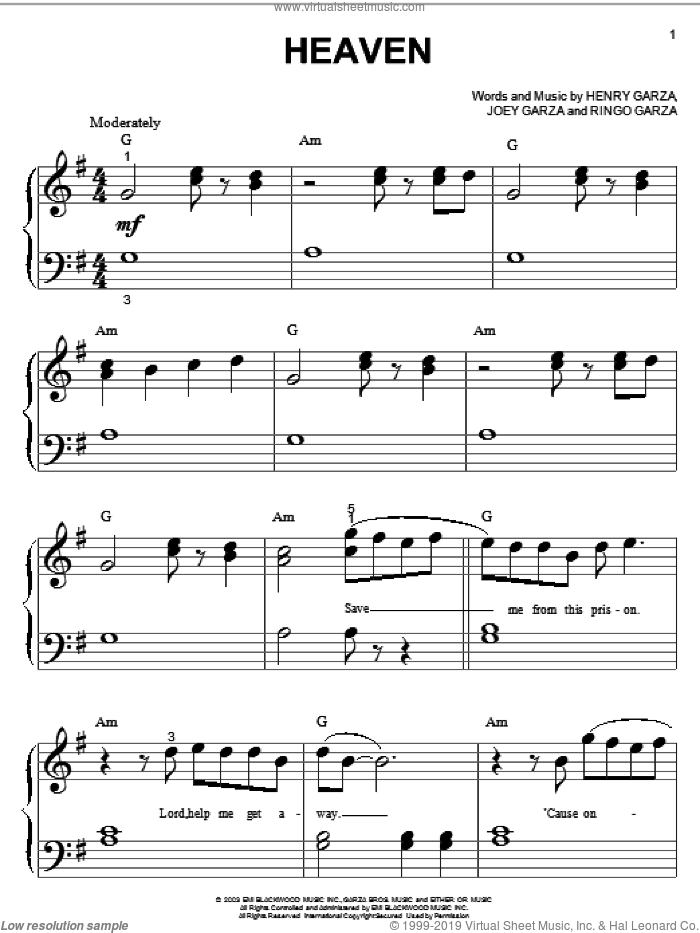 Heaven sheet music for piano solo (big note book) by Los Lonely Boys, Henry Garza, Joey Garza and Ringo Garza, easy piano (big note book)