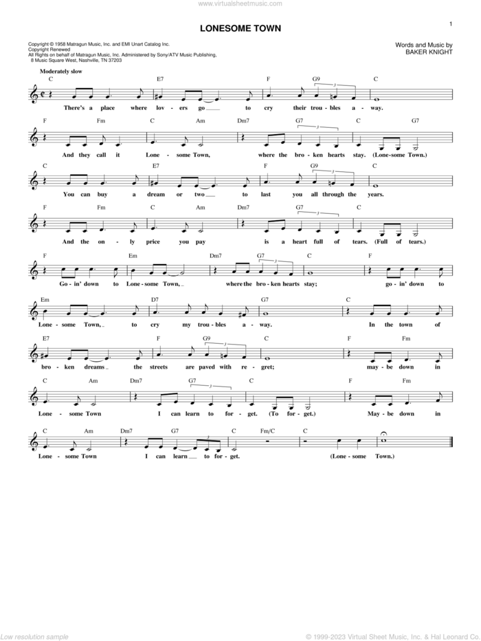 Lonesome Town sheet music for voice and other instruments (fake book) by Ricky Nelson, Paul McCartney and Baker Knight, intermediate skill level