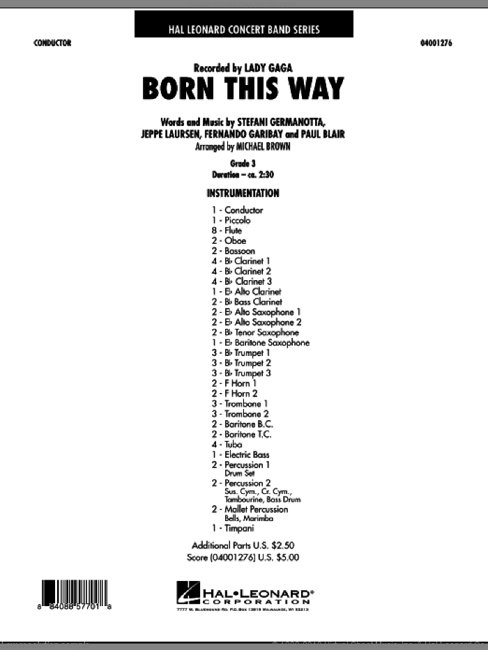 Born This Way (COMPLETE) sheet music for concert band by Michael Brown, Fernando Garibay, Jeppe Laursen, Lady Gaga and Paul Blair, intermediate skill level