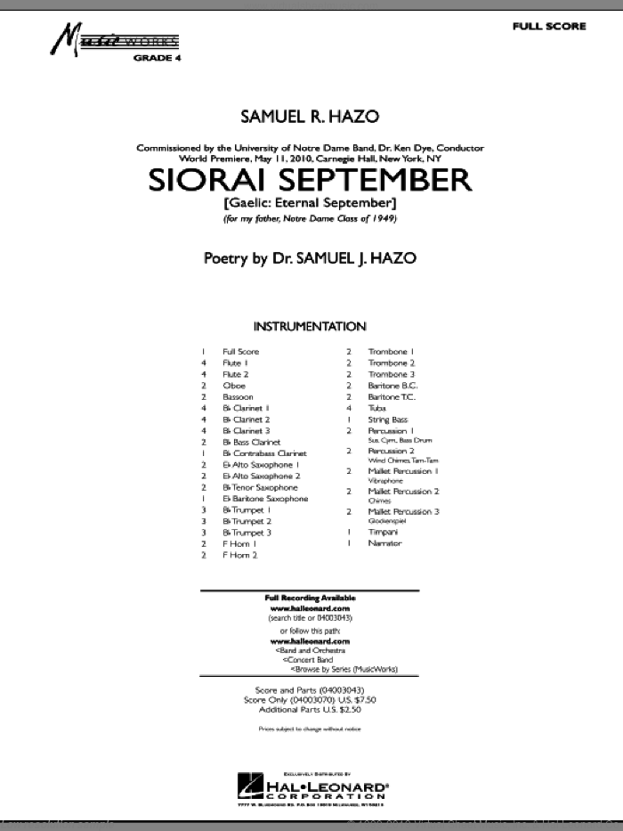Siorai September (COMPLETE) sheet music for concert band by Samuel R. Hazo, intermediate skill level