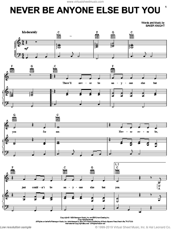 Never Be Anyone Else But You sheet music for voice, piano or guitar by Ricky Nelson and Baker Knight, intermediate skill level