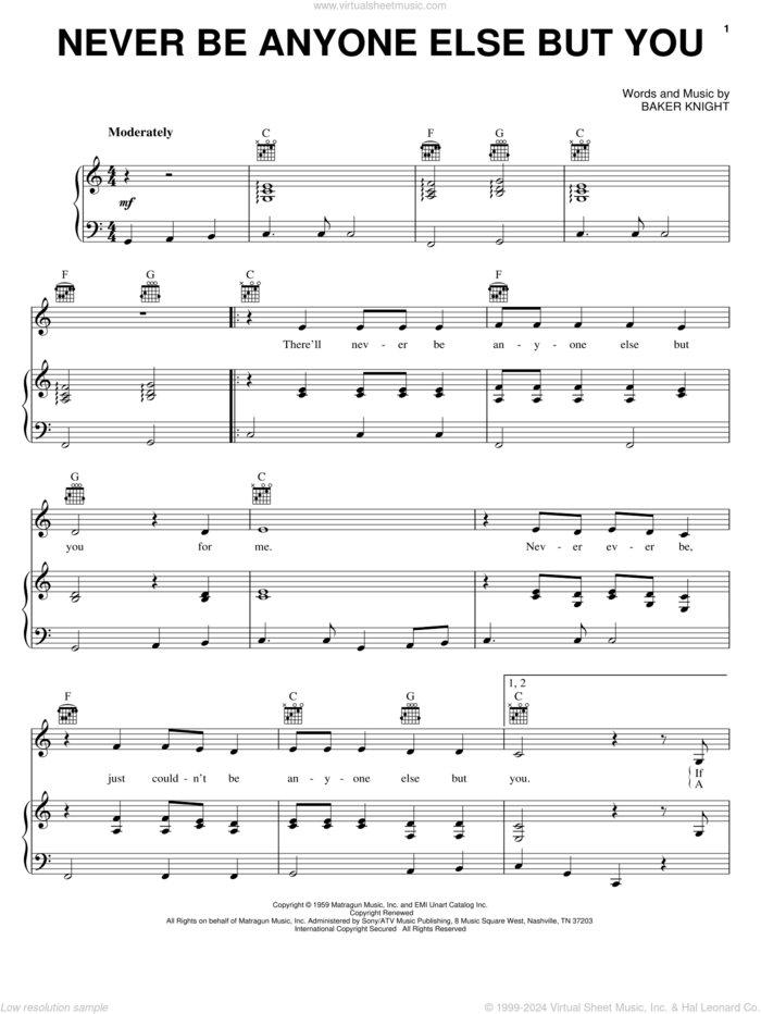 Never Be Anyone Else But You sheet music for voice, piano or guitar by Ricky Nelson and Baker Knight, intermediate skill level