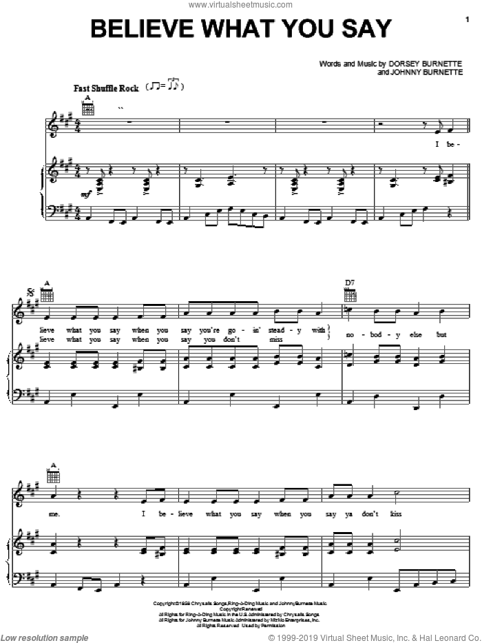 Believe What You Say sheet music for voice, piano or guitar by Ricky Nelson, Dorsey Burnette and Johnny Burnette, intermediate skill level
