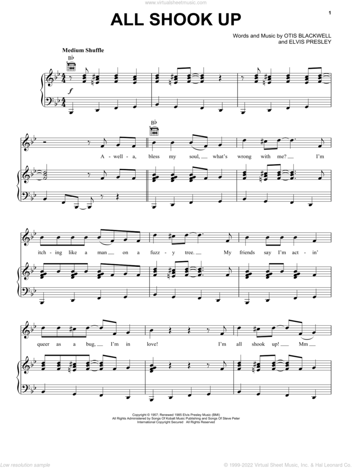 All Shook Up sheet music for voice, piano or guitar by Elvis Presley, Suzi Quatro and Otis Blackwell, intermediate skill level