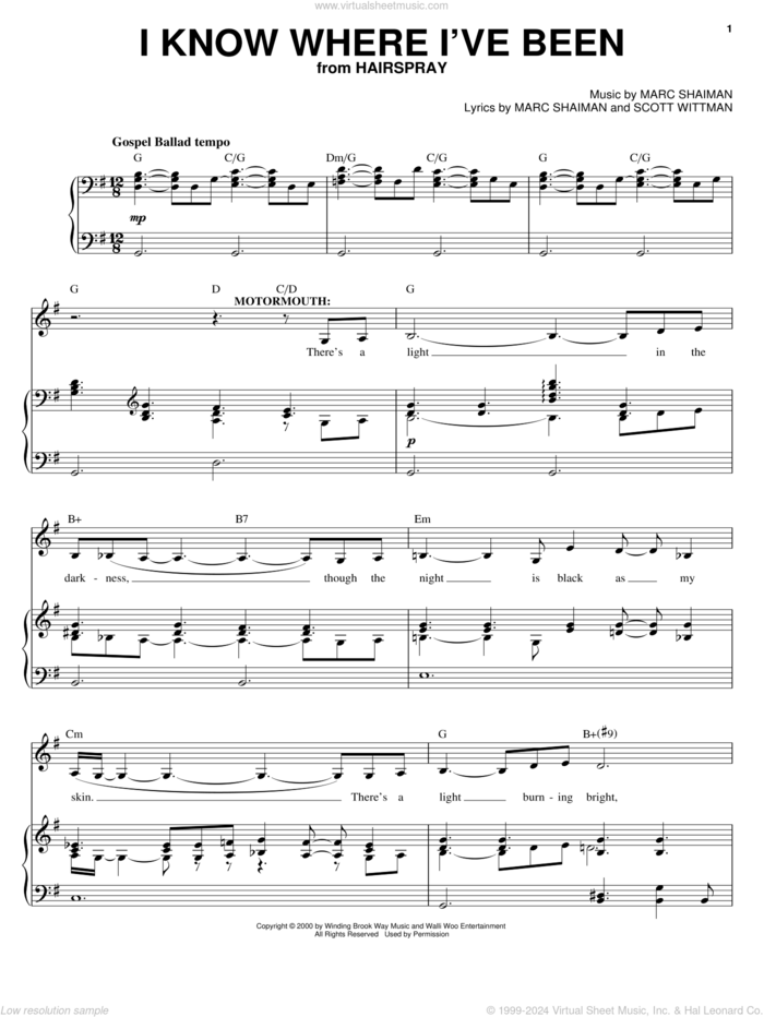 I Know Where I've Been (from Hairspray) sheet music for voice and piano by Marc Shaiman, Hairspray (Musical) and Scott Wittman, intermediate skill level