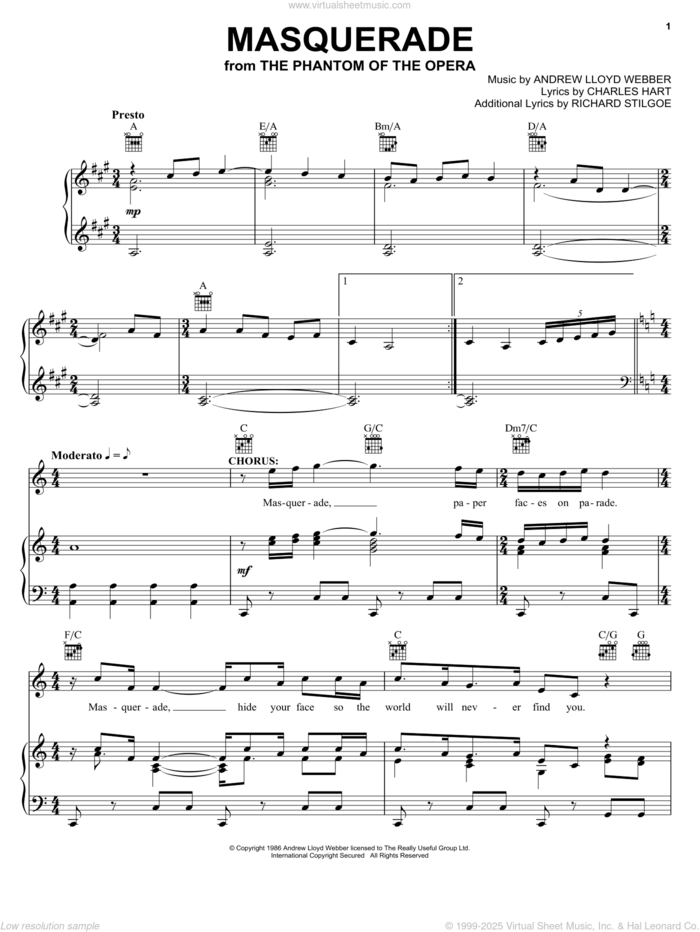 Masquerade (from The Phantom Of The Opera) sheet music for voice, piano or guitar by Andrew Lloyd Webber, The Phantom Of The Opera (Musical), Charles Hart and Richard Stilgoe, intermediate skill level