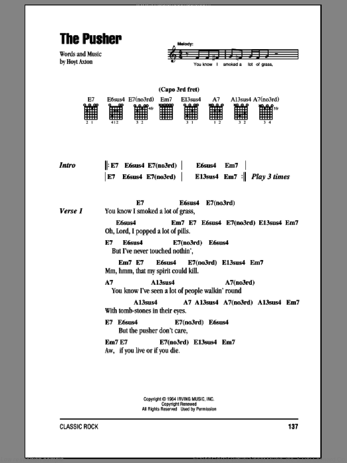 The Pusher sheet music for guitar (chords) by Steppenwolf and Hoyt Axton, intermediate skill level