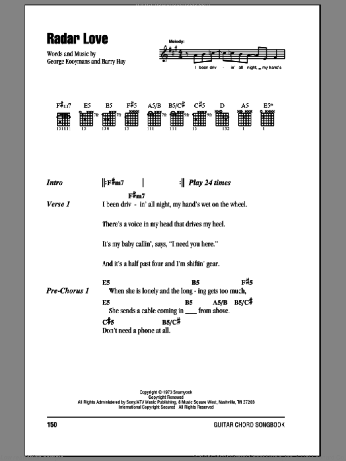 Radar Love sheet music for guitar (chords) by Golden Earring, Barry Hay and George Kooymans, intermediate skill level