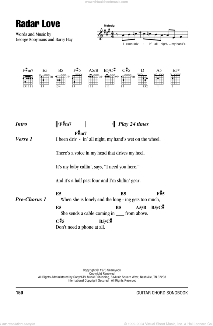 Radar Love sheet music for guitar (chords) by Golden Earring, Barry Hay and George Kooymans, intermediate skill level