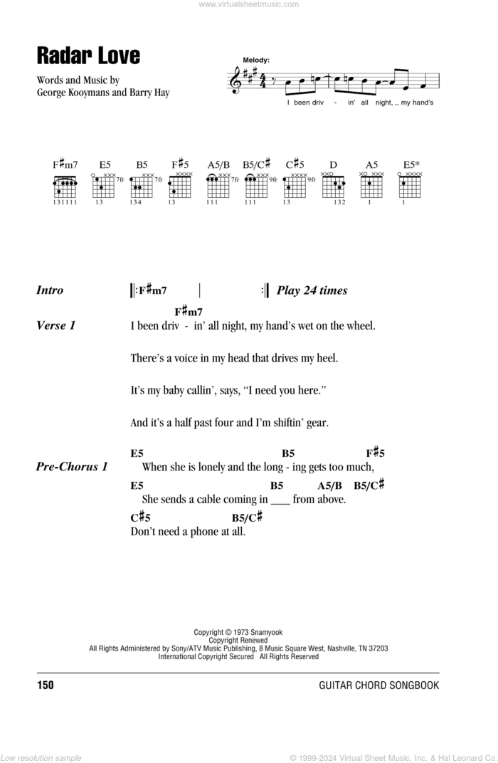 Radar Love sheet music for guitar (chords) by Golden Earring, Barry Hay and George Kooymans, intermediate skill level