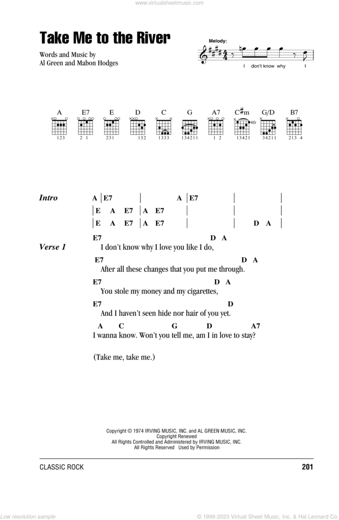 Take Me To The River sheet music for guitar (chords) by Talking Heads, Al Green and Mabon Hodges, intermediate skill level