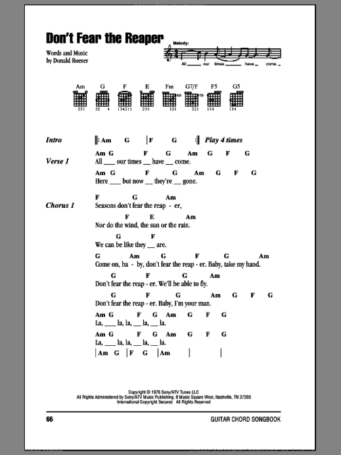 Don't Fear The Reaper sheet music for guitar (chords) by Blue Oyster Cult and Donald Roeser, intermediate skill level