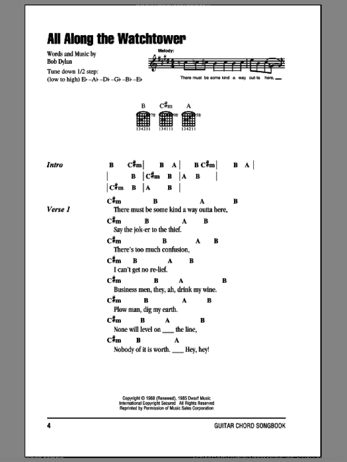 All Along The Watchtower sheet music for guitar (chords) by Jimi Hendrix and Bob Dylan, intermediate skill level