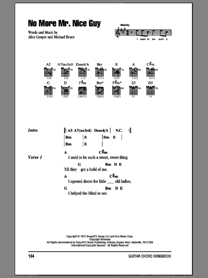 No More Mr. Nice Guy sheet music for guitar (chords) by Alice Cooper and Michael Bruce, intermediate skill level