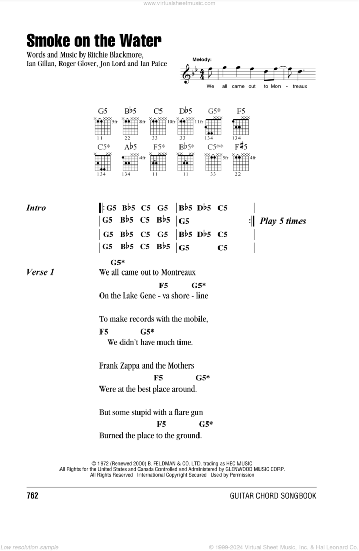 Smoke On The Water sheet music for guitar (chords) by Deep Purple, Ian Gillan, Ian Paice, Jon Lord, Ritchie Blackmore and Roger Glover, intermediate skill level