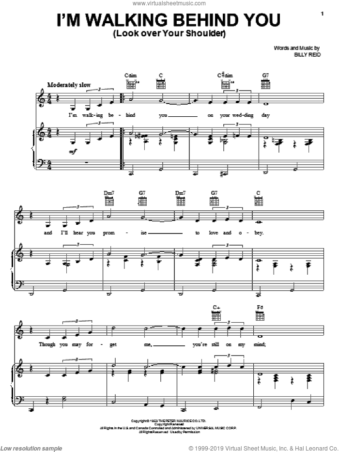 I'm Walking Behind You (Look Over Your Shoulder) sheet music for voice, piano or guitar by Eddie Fisher, Frank Sinatra and Billy Reid, intermediate skill level