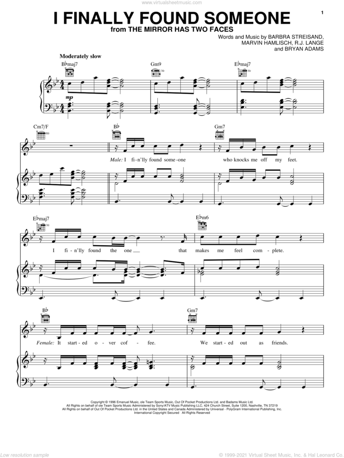 I Finally Found Someone sheet music for voice, piano or guitar by Barbra Streisand and Bryan Adams, Barbra Streisand, Bryan Adams and Marvin Hamlisch, wedding score, intermediate skill level